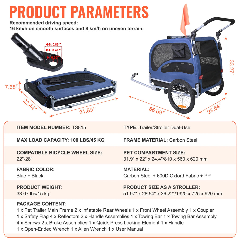 Eco-Friendly 2-in-1 Dog Bike Trailer & Pet Stroller with Safety Reflectors